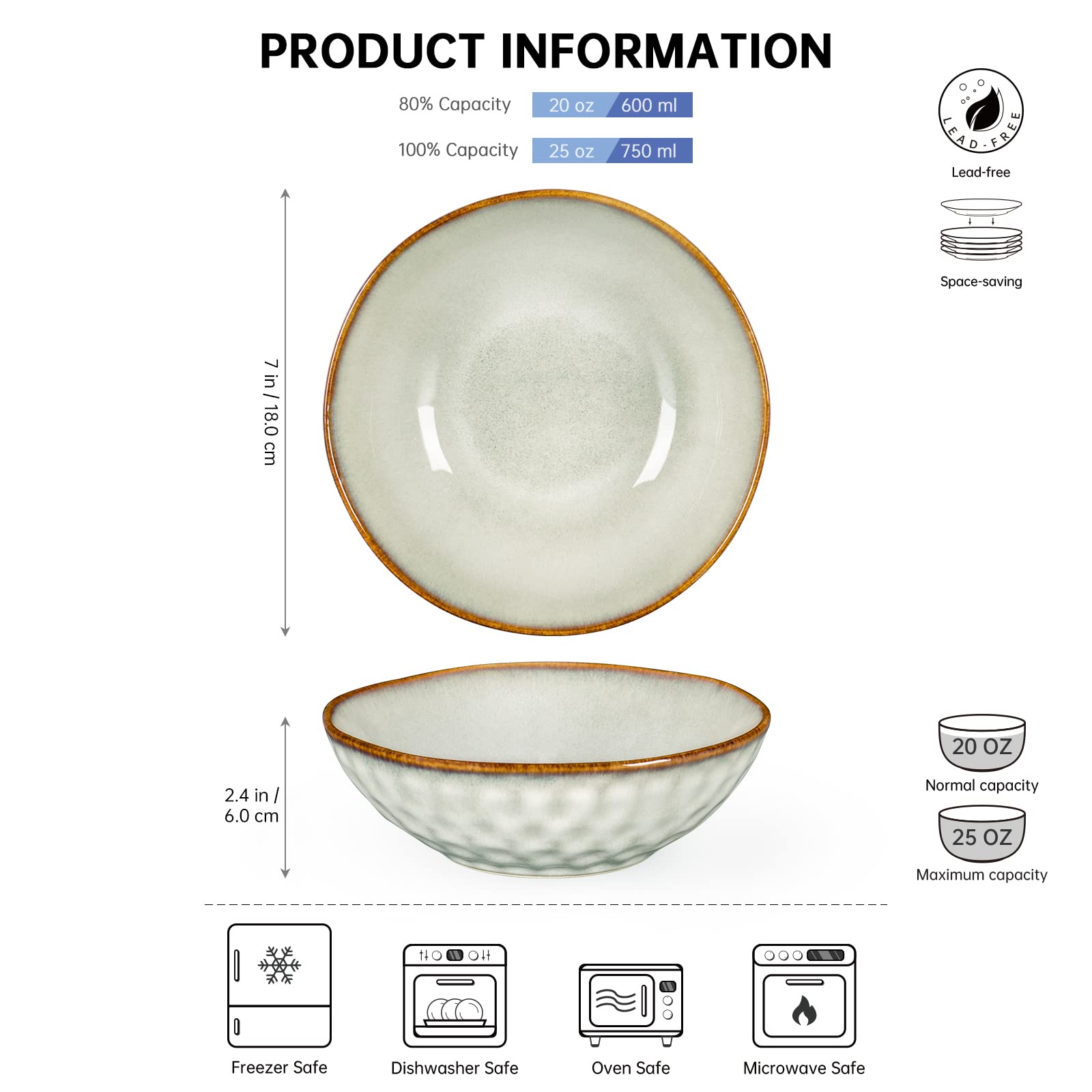 Henten Home Cereal Bowls Stoneware 4-Piece, Beige Bowls Set 25Oz - 750 ml, Bowl Set/Soup Bowls Ceramic/Bowls Ramen/Dipping Bowl