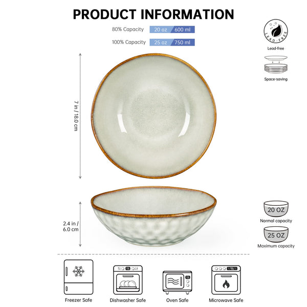 Henten Home Cereal Bowls Stoneware 4-Piece, Beige Bowls Set 25Oz - 750 ml, Bowl Set/Soup Bowls Ceramic/Bowls Ramen/Dipping Bowl