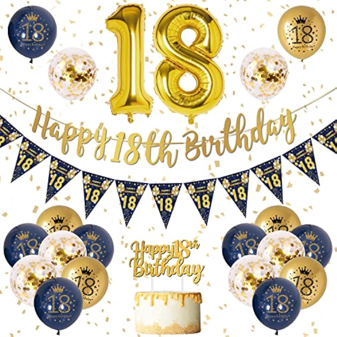 18th Birthday Decorations Boys Blue Gold Happy 18th Birthday Banner, 18th Birthday Balloons, Navy Blue Gold Latex Balloons Party Decorations Confetti Balloons for Boys 18 Birthday Party Supplies