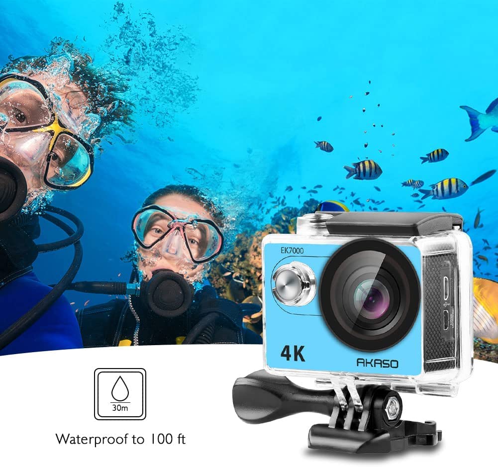 AKASO EK7000 Action Camera Floating Hand Grip Bundle - Includes 4K30FPS EK7000 Underwater Camera, Floating Hand Grip, 2 Batteries, Carrying Case, and Accessory Kits