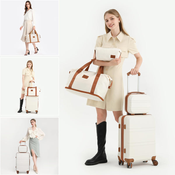 Kono Travel Luggage Sets of 6 Piece Lightweight ABS Hard Shell Trolley Case with TSA Combination Lock 20" 24" 28" Suitcase + 12" Beauty Case + Duffel Bag & Toiletry Bag (Cream White)