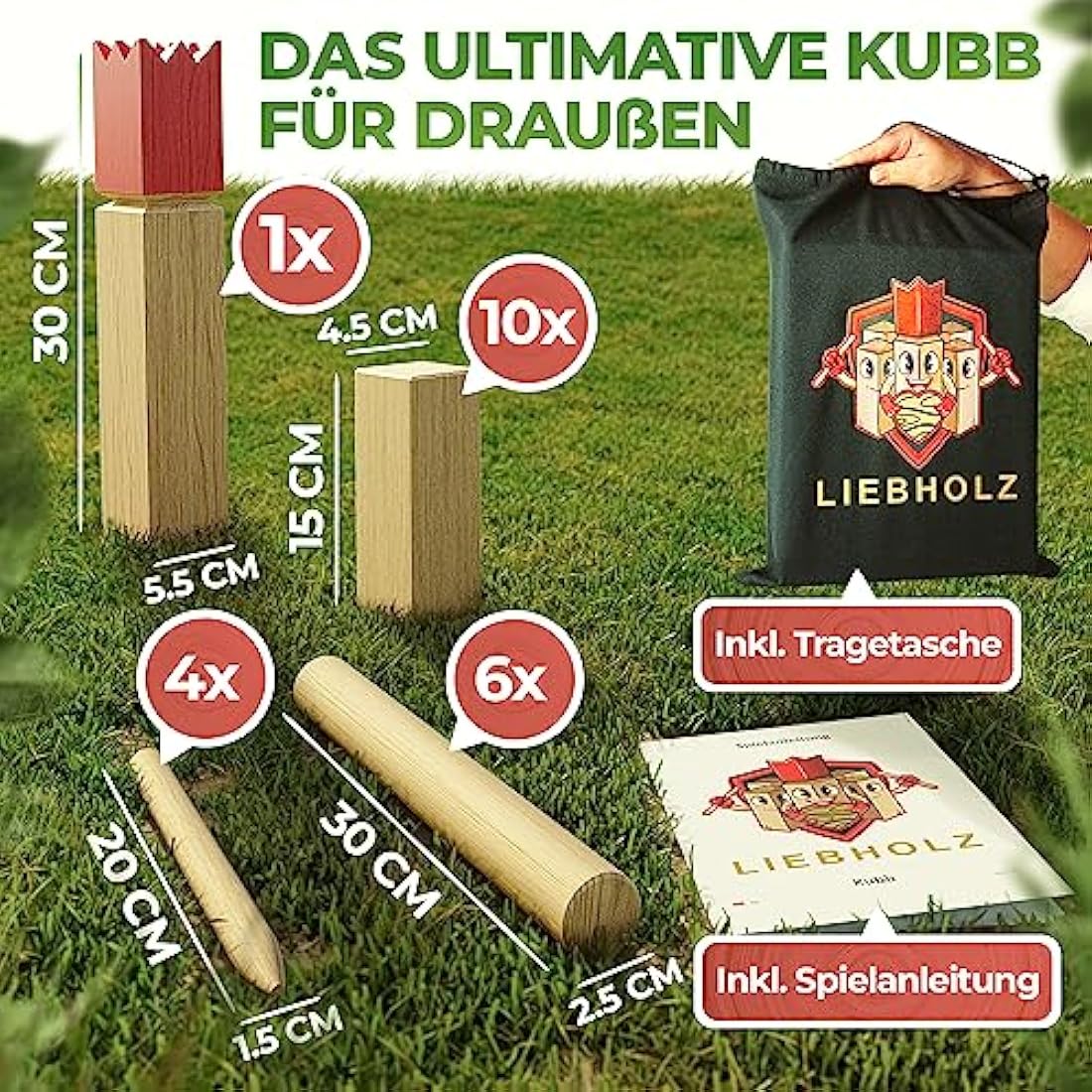 Liebholz® Original Kubb Viking Throwing Game [Test Winner] Includes Carry Bag & Game Instructions Swedish Chess Made of FSC Rubber Tree Wood - Robust XL Viking Game for Outdoor Use