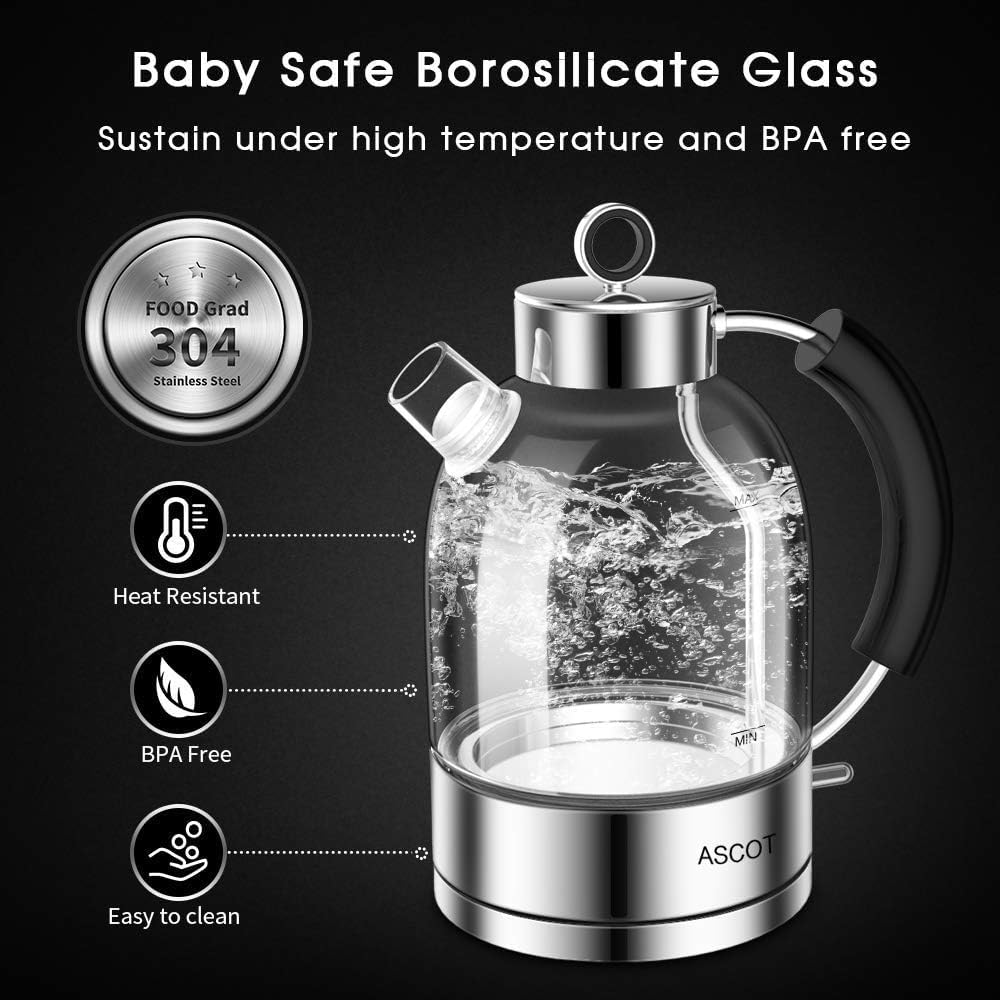 ASCOT Electric Kettle, Glass Electric Tea Kettle, Gift for Man/Women/Family, 1.5L Borosilicate Glass Tea Heater & Hot Water Boiler, Auto Shut-Off
