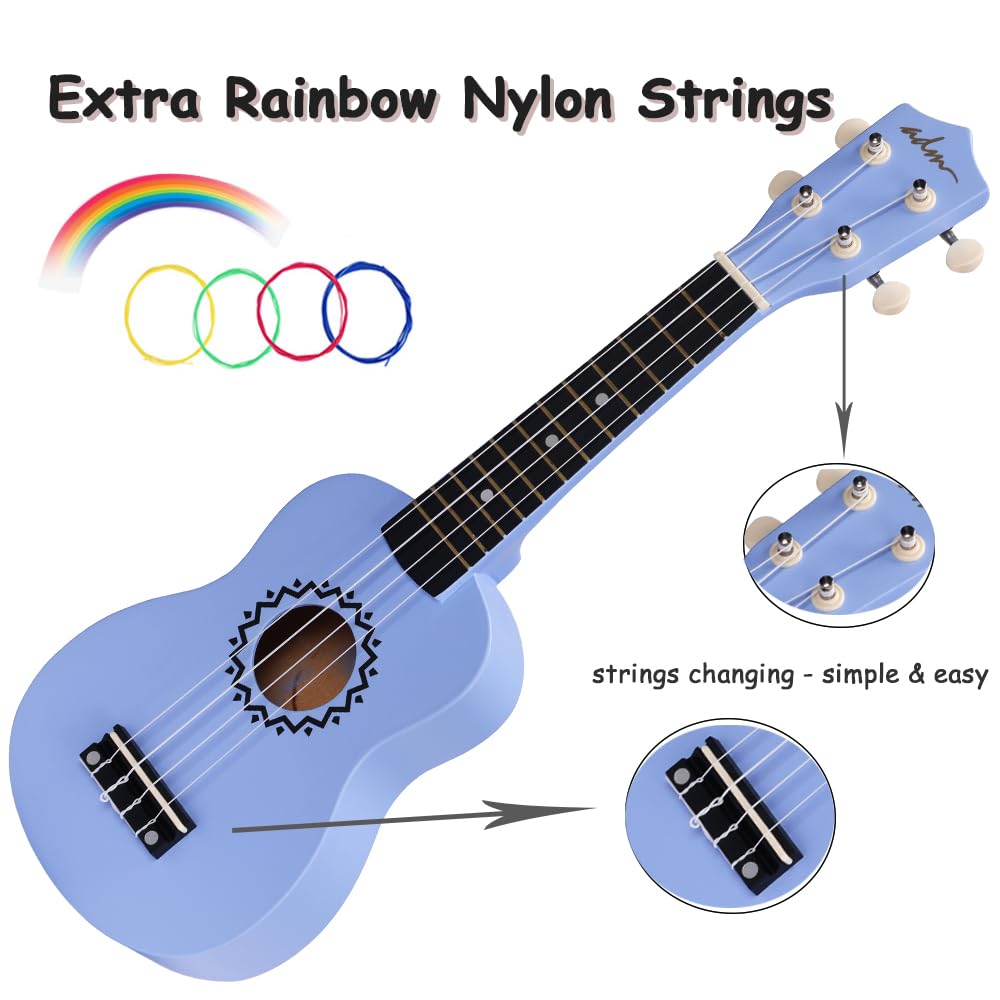 ADM Soprano Ukulele Set for Kids and Beginners, Ukulele Starter Kit with Bag, Clip-On Tuner, Rainbow Strings, Colourful Strap, Plectrum, Fingerboard Sticker, Chord Card (Dark Blue)