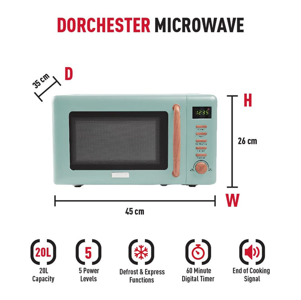 Haden Dorchester Green Microwave Oven - 20L 800W Microwave, Digital Controls, 5 Power Levels - Ideal Countertop Microwave with Wood Effect Finish,