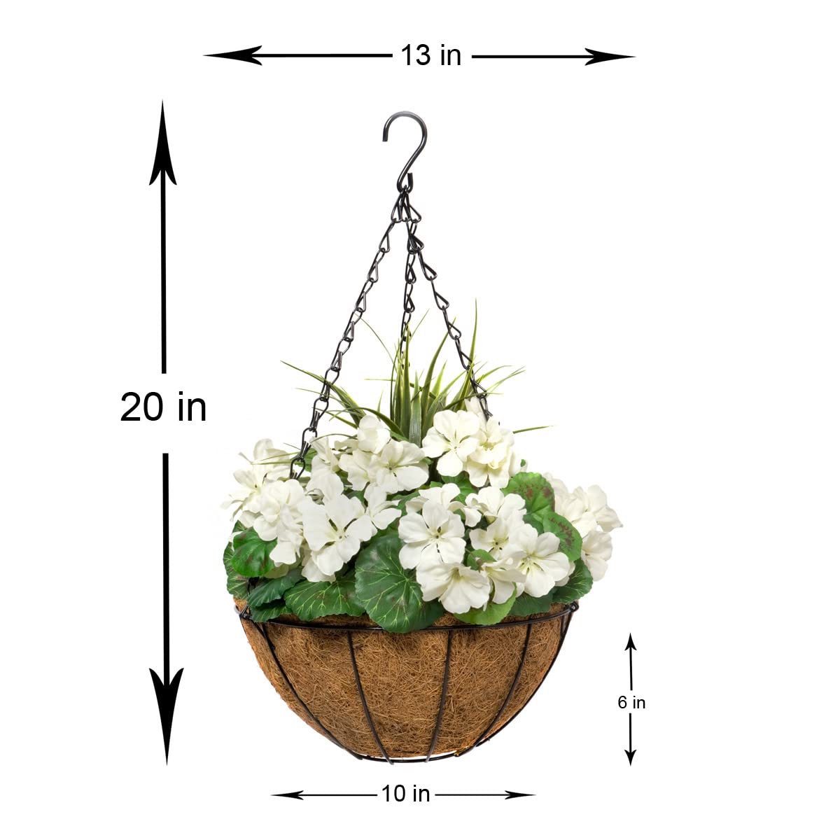 GreenBrokers 2X Artificial Round Coir Hanging Baskets with White Geraniums (Set of 2), 52cms
