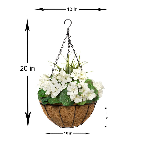 GreenBrokers 2X Artificial Round Coir Hanging Baskets with White Geraniums (Set of 2), 52cms