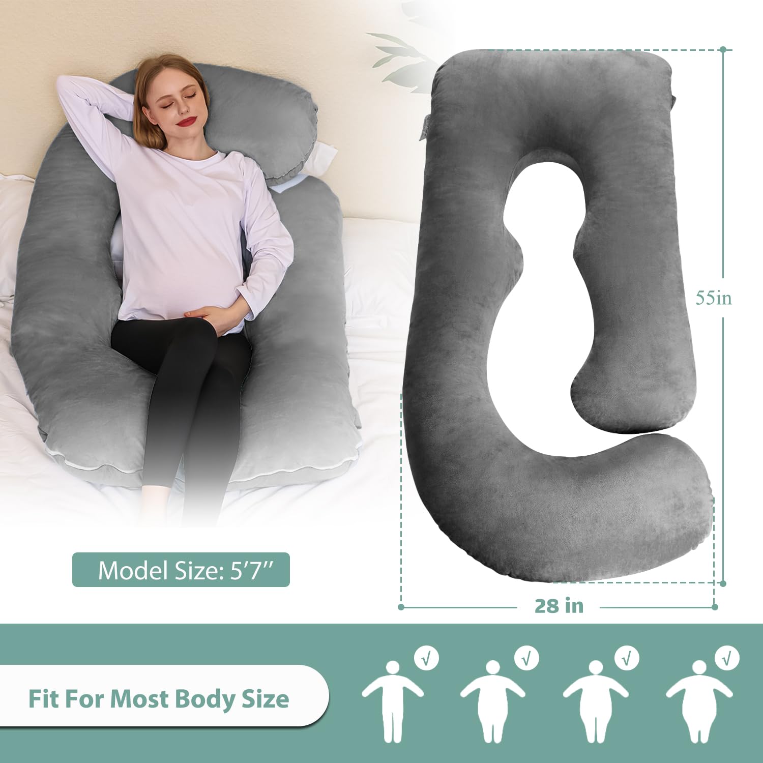Chilling Home Pregnancy Pillows for Sleeping,U Shaped Maternity Pillow Pillow,55 inch Full Body Pillow Long Pillows for Sleeping, Maternity&Body Pillows for adults with Cover Velvet,Light Black