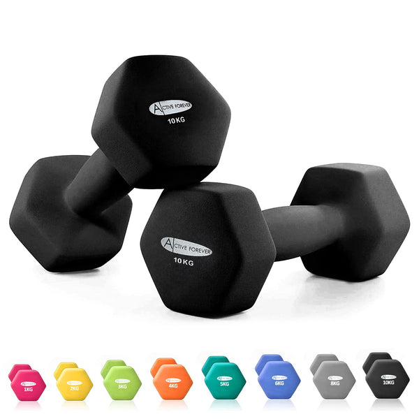 ACTIVE FOREVER Dumbbells 2?10kg, Set of 2, Hex Dumbbells Pair, Neoprene Waterproof Non-slip Dumbells Set (Black)