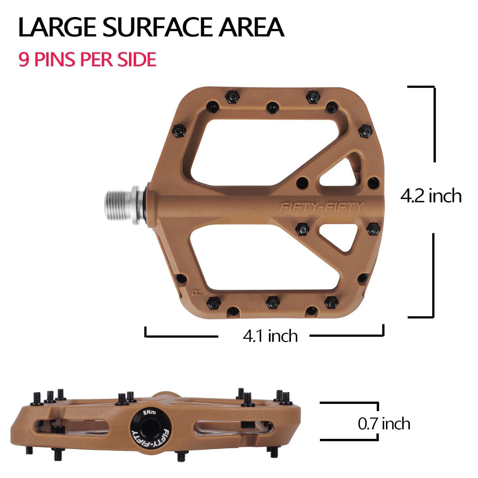 FIFTY-FIFTY Mountain Bike Pedals, Non-Slip MTB Nylon Composite, 9/16" Bicycle Pedals, Lightweight and Wide Flat Platform (Gum)
