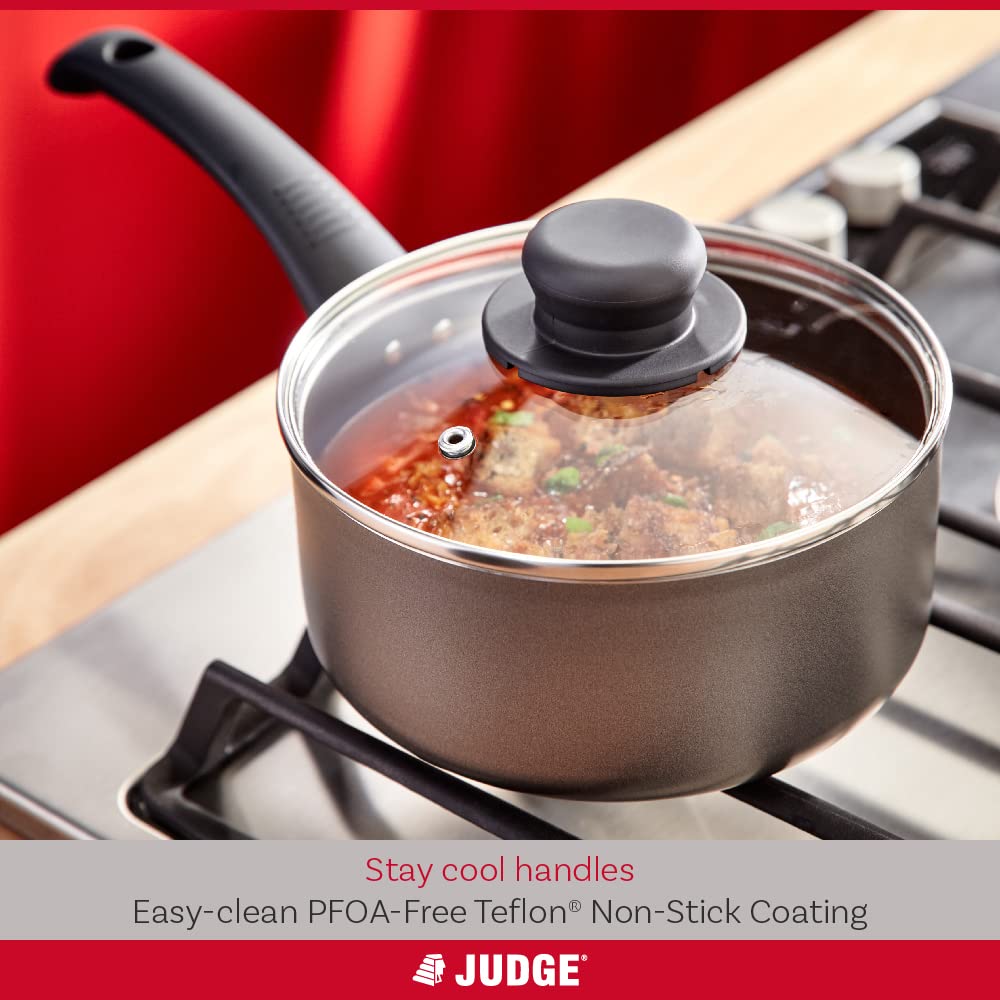 Judge Everyday Set of Pans, Non-Stick, 3-Piece Set 16cm, 18cm 20cm Saucepans with Glass Lids - 5 Year Guarantee