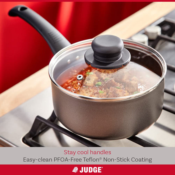 Judge Everyday Set of Pans, Non-Stick, 3-Piece Set 16cm, 18cm 20cm Saucepans with Glass Lids - 5 Year Guarantee
