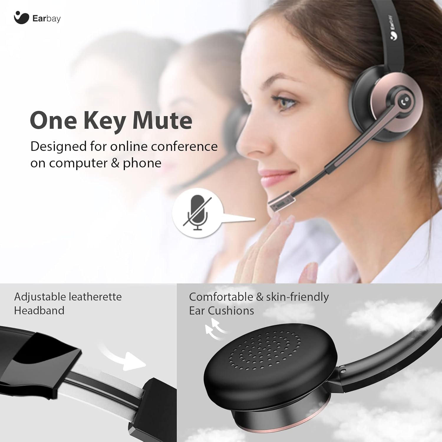 Earbay Wireless Headset, Bluetooth Headphones with Microphone Noise Canceling & USB Dongle, Office Headset with Charge Dock for Mobile Phone Computer Tablet Work Skype Zoom Conference Call Center