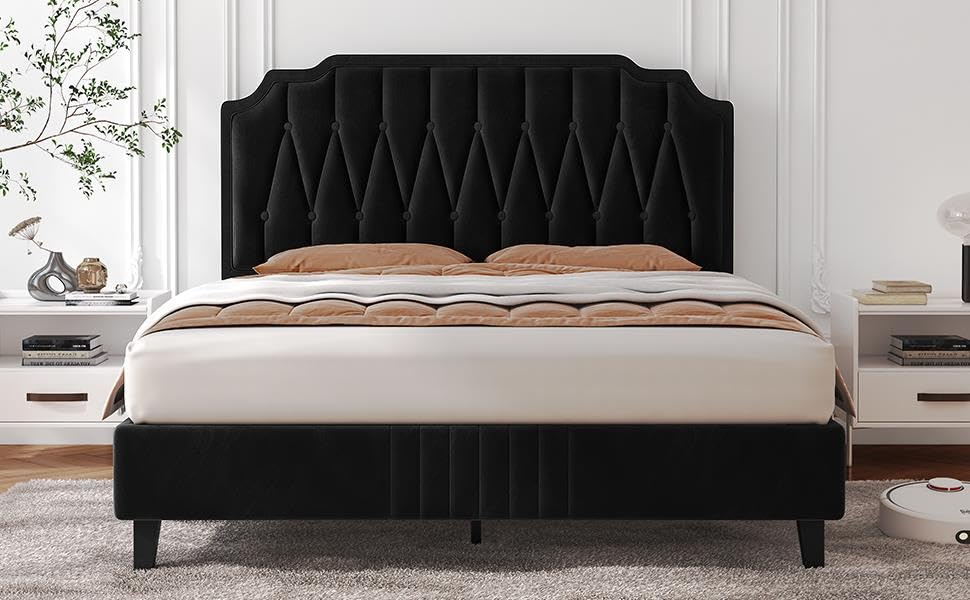 Yaheetech 5ft King Bed Frame Upholstered Platform Bed with Adjustable Button Tufted Headboard/Velvet Fabric/Sturdy Wooden Slat Support/No Box Spring Needed, Dark Grey King Bed