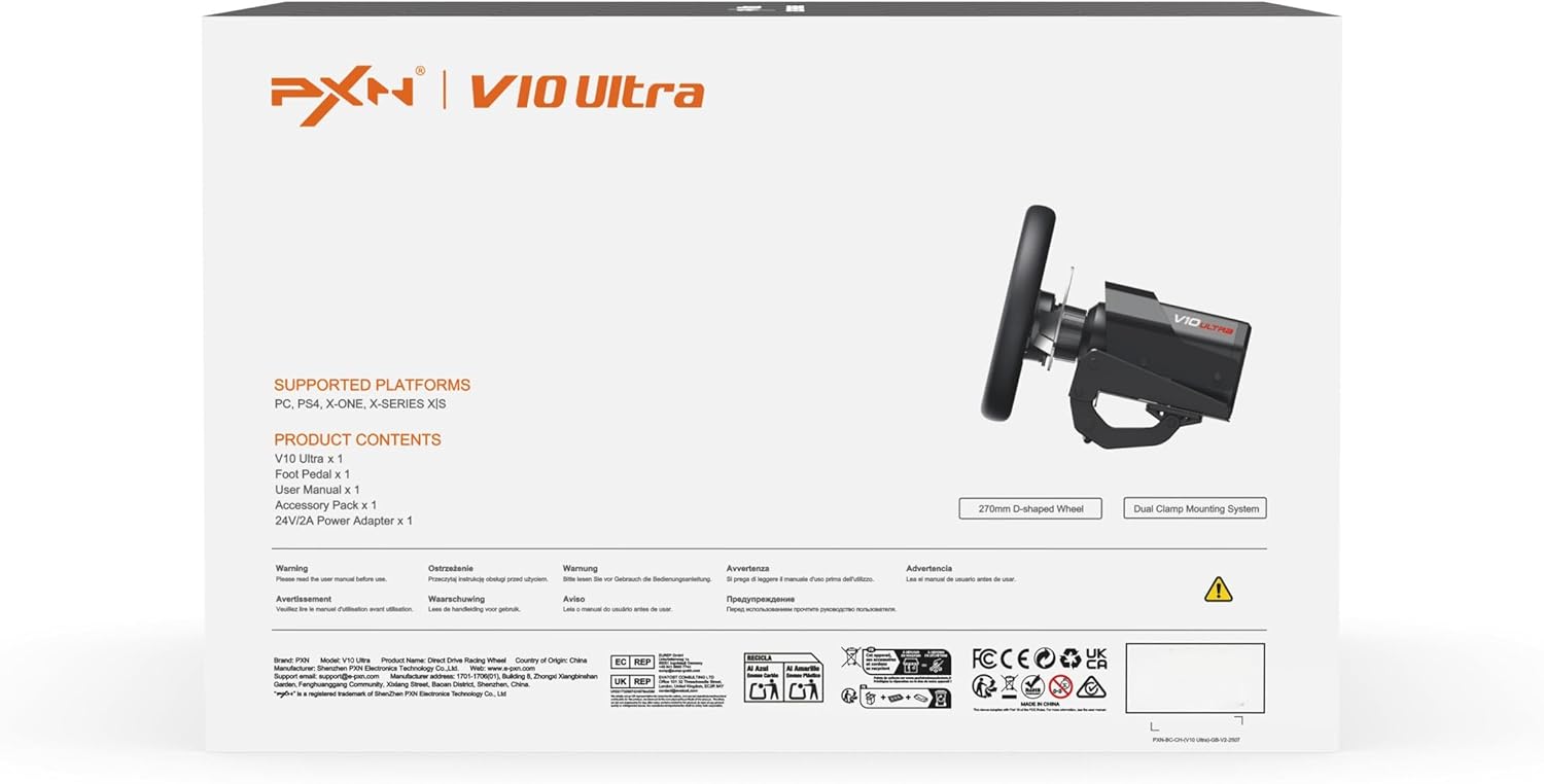 PXN V10 Ultra Direct Drive Gaming Steering Wheel with Pedals – 3.2Nm Force Feedback Servo Base, App Support, PD HM Throttle & Brake Pedals, 270mm Rim – Sim Racing Wheel for PC / PS4 / Xbox