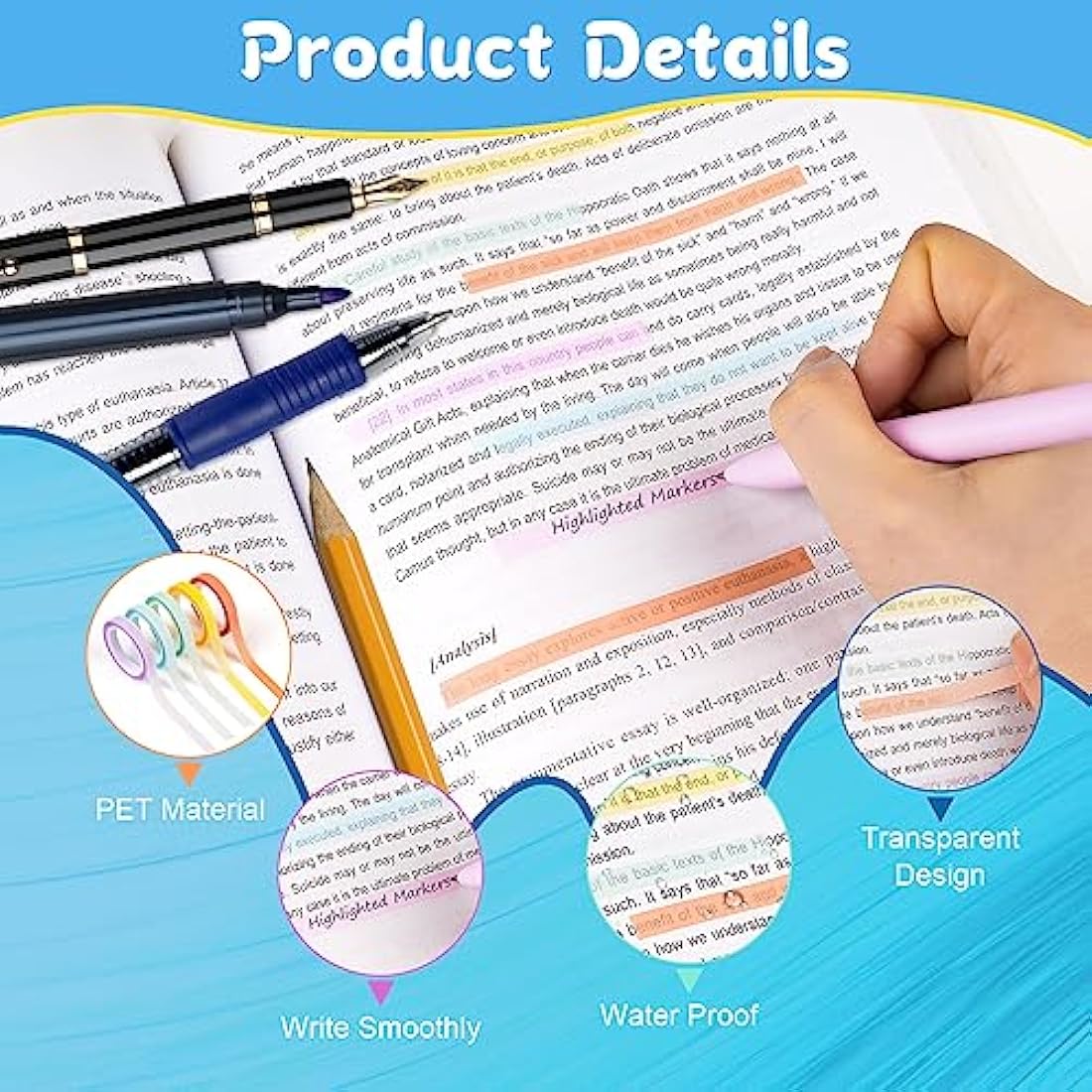 Hoiny Highlighter Tape, 10 Rolls Transparent Highlighter Strips, Removable Transparent Sticky Notes, Colorful Index Tabs, Book Annotation Kit for Revision Supplies Study Essentials
