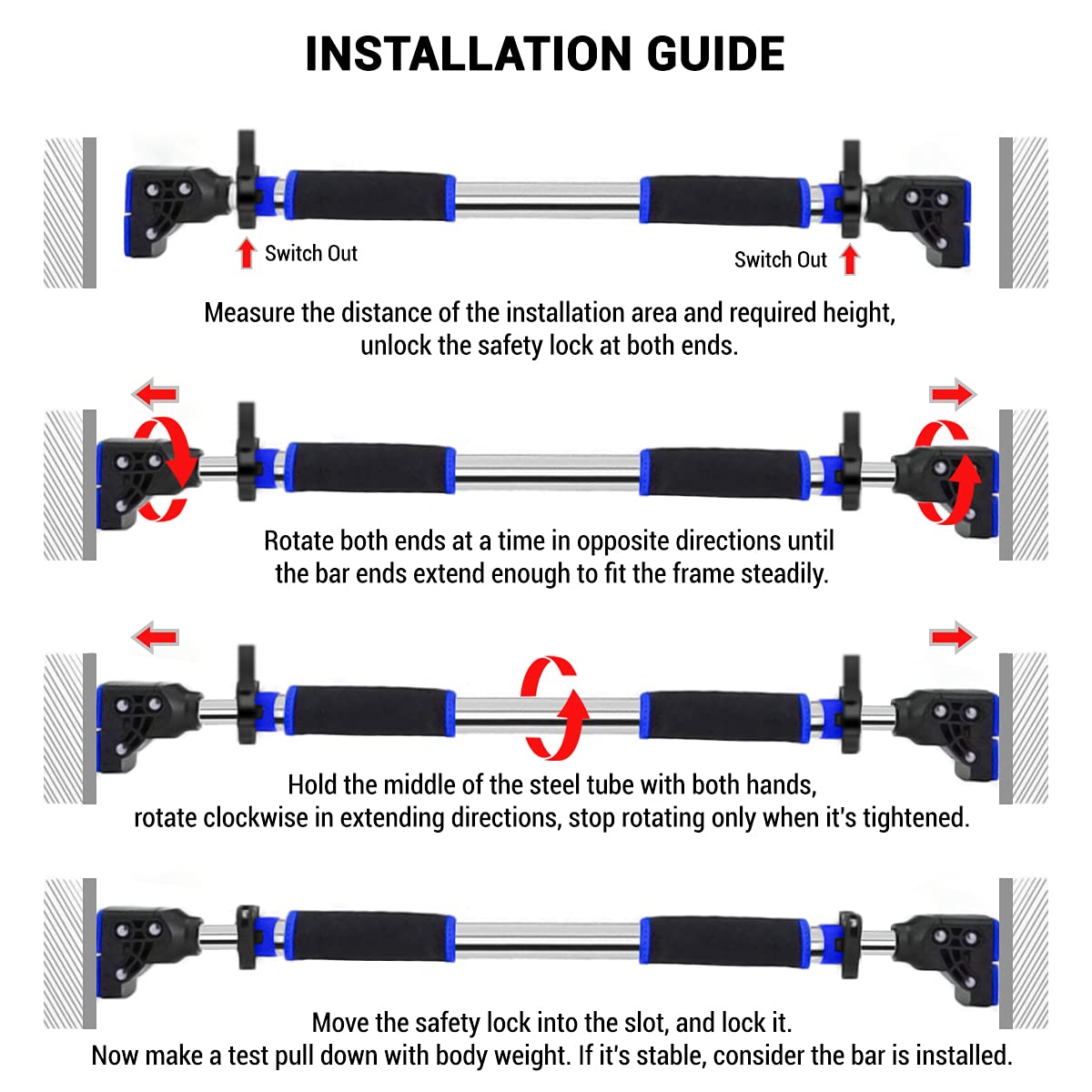 ROMIX Pull Up Bar Doorway, Adjustable Length 72-97cm No Screw Chin Up Bar Door Frame Width Locking, Multifunctional Body Fitness Training Equipment with Exercise eBook for Body Workout Home