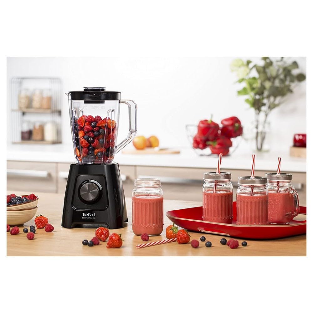 Tefal Blendforce II Blender, 2L Plastic Jug, 1.25L Effective Capacity, 600W, 4 Removable Stainless Steel Blades, Smoothie, Ice Crush, 2 Speeds + Pulse, Kitchen Shakes Maker, Black, BL420840