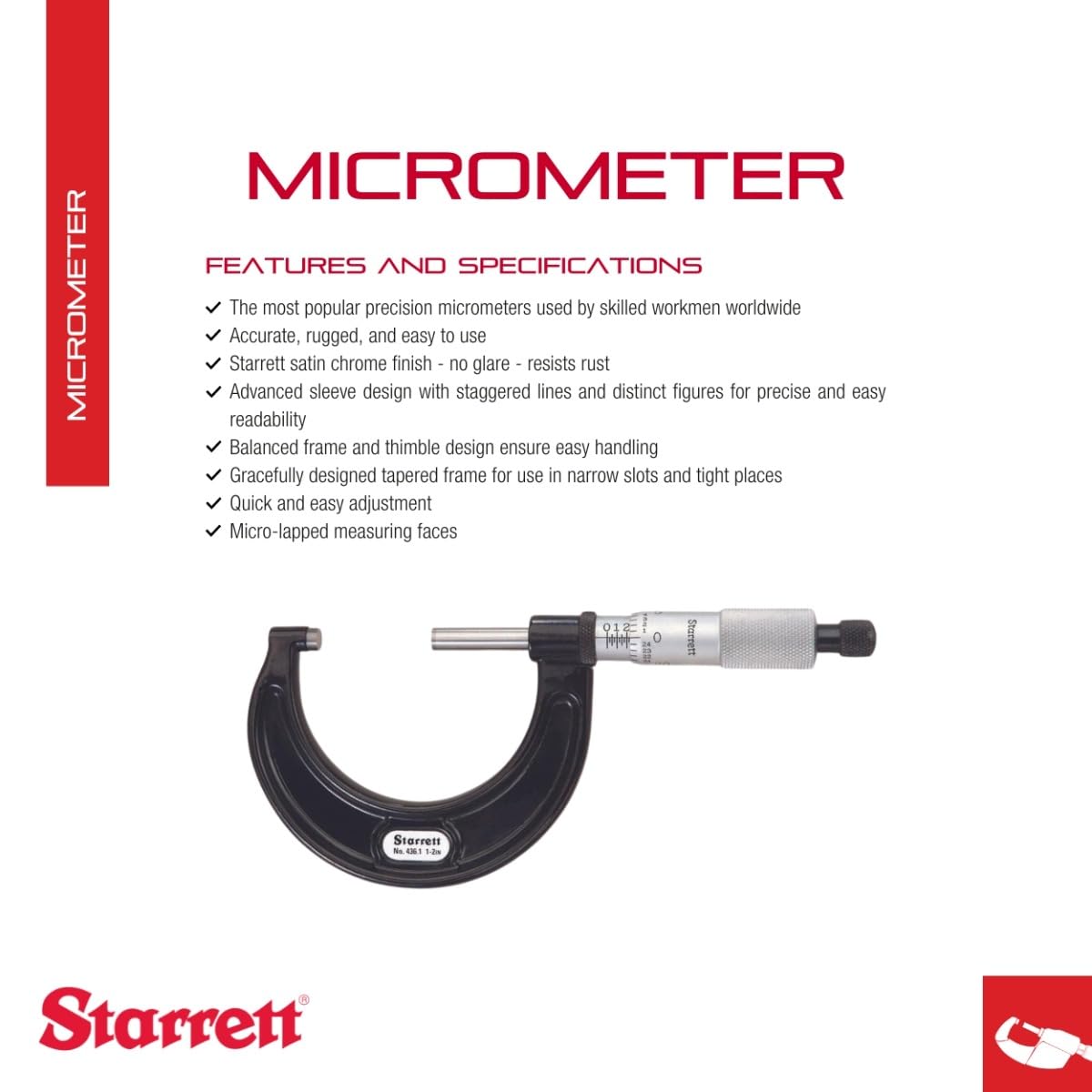 Starrett 436.1XRL-1 Outside Micrometre, Ratchet Stop, Lock Nut, Carbide Faces, 0-1" Range, 0.001" Graduation