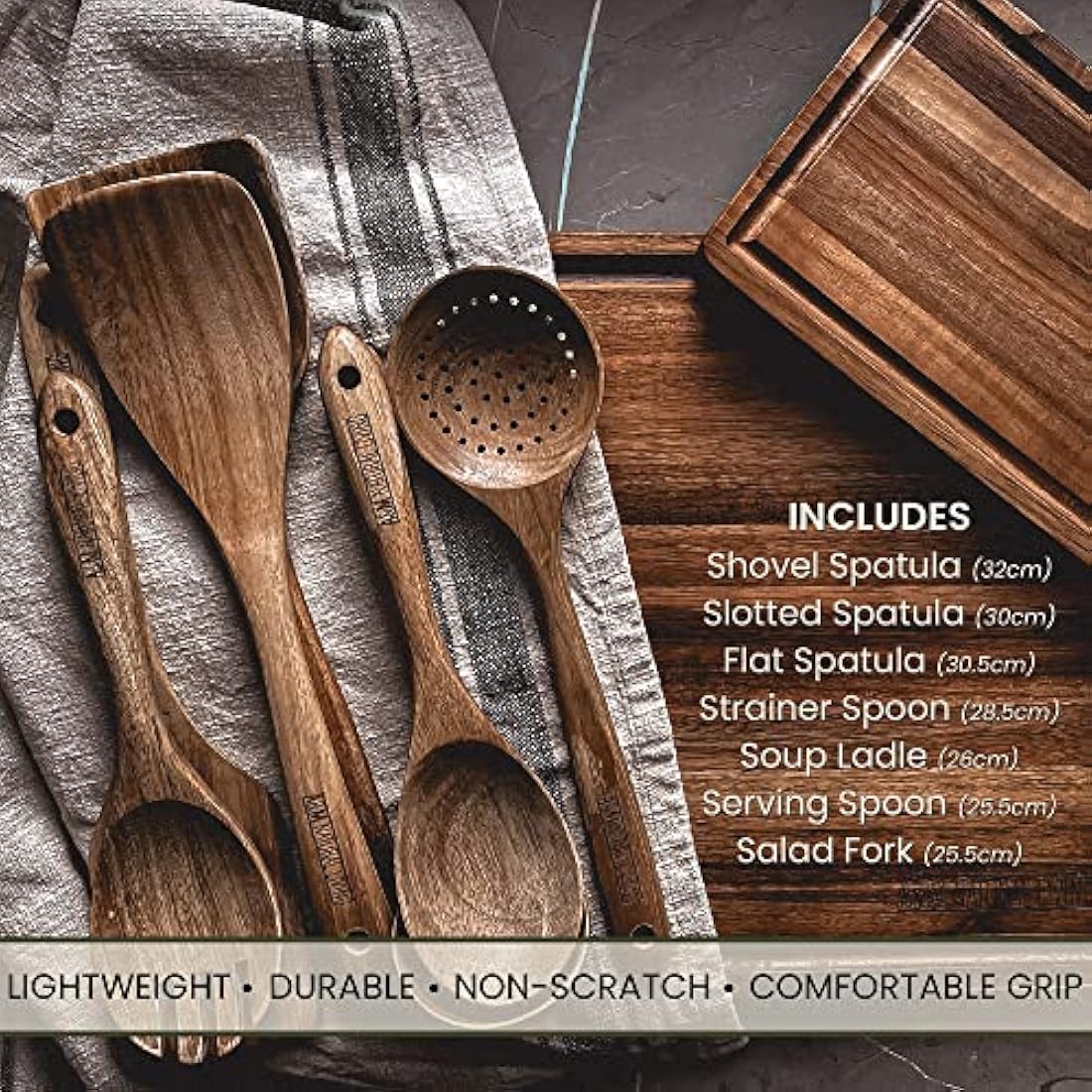 A&M Natural Living Wooden Kitchen Utensils Set of 7 for Cooking, Wooden Kitchen Utensils Including Wooden Spoons, Serving Spoon, Wooden Spatula Set, Wooden Spoons Cooking Kitchen Sets