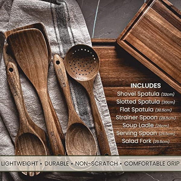 A&M Natural Living Wooden Kitchen Utensils Set of 7 for Cooking, Wooden Kitchen Utensils Including Wooden Spoons, Serving Spoon, Wooden Spatula Set, Wooden Spoons Cooking Kitchen Sets