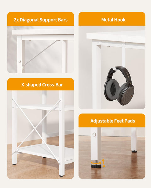 CubiCubi Computer Desk with Monitor Stand and Storage Shelves, 120cm Home Office Desk Study Writing Table, White