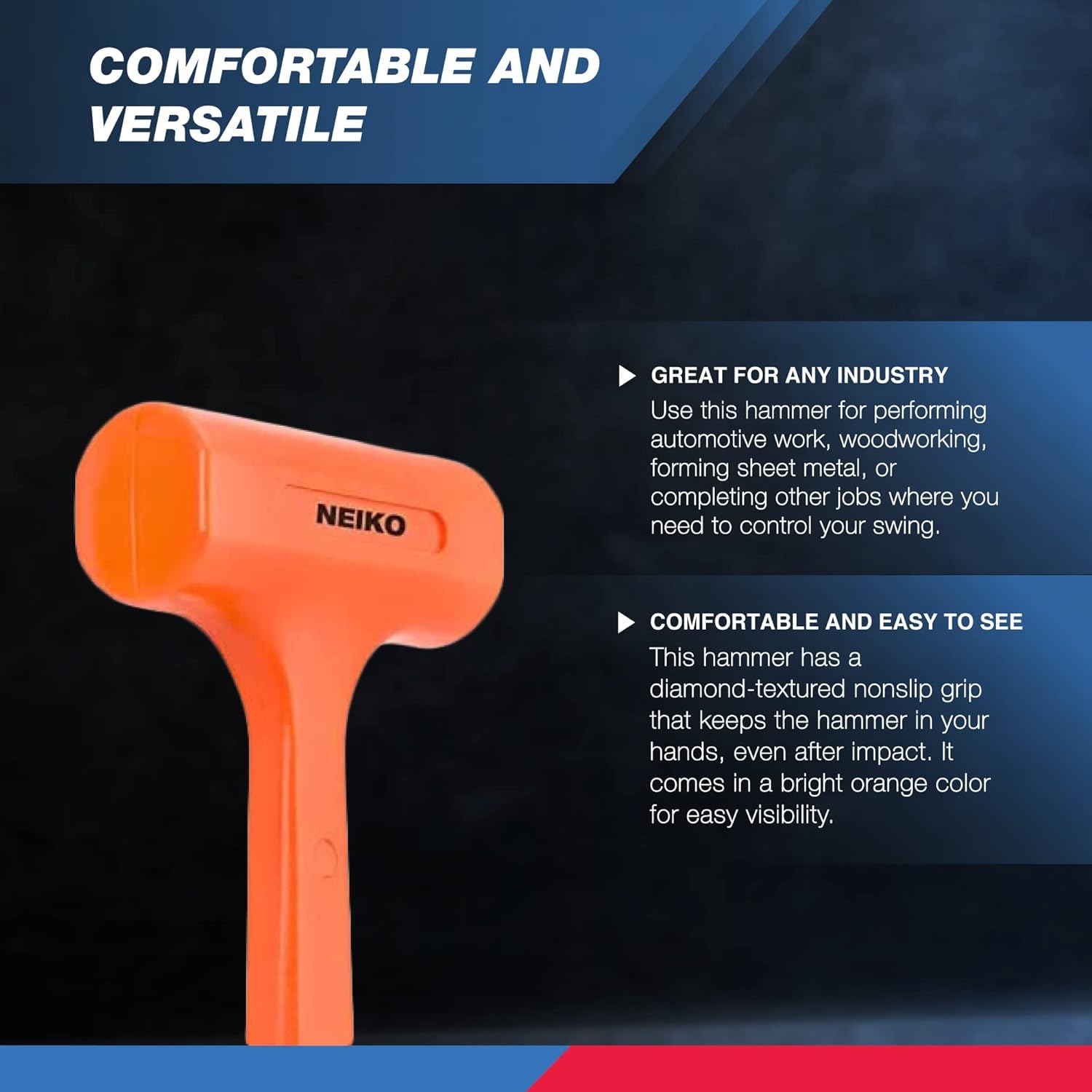 Neiko 02847A 2 LB Dead Blow Hammer, Neon Orange I Unibody Molded | Checkered Grip | Spark and Rebound Resistant