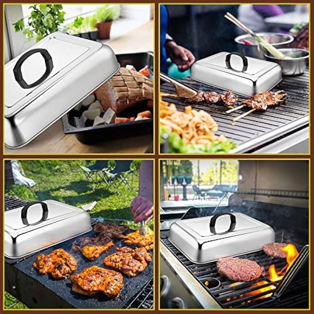 Herogo Cheese Melting Dome Set of 2, Rectangular Stainless Steel Steam Basting Cover with Heat Proof Handle, Ideal for BBQ Flat Top Griddle Grill Kitchen, Dishwasher Safe