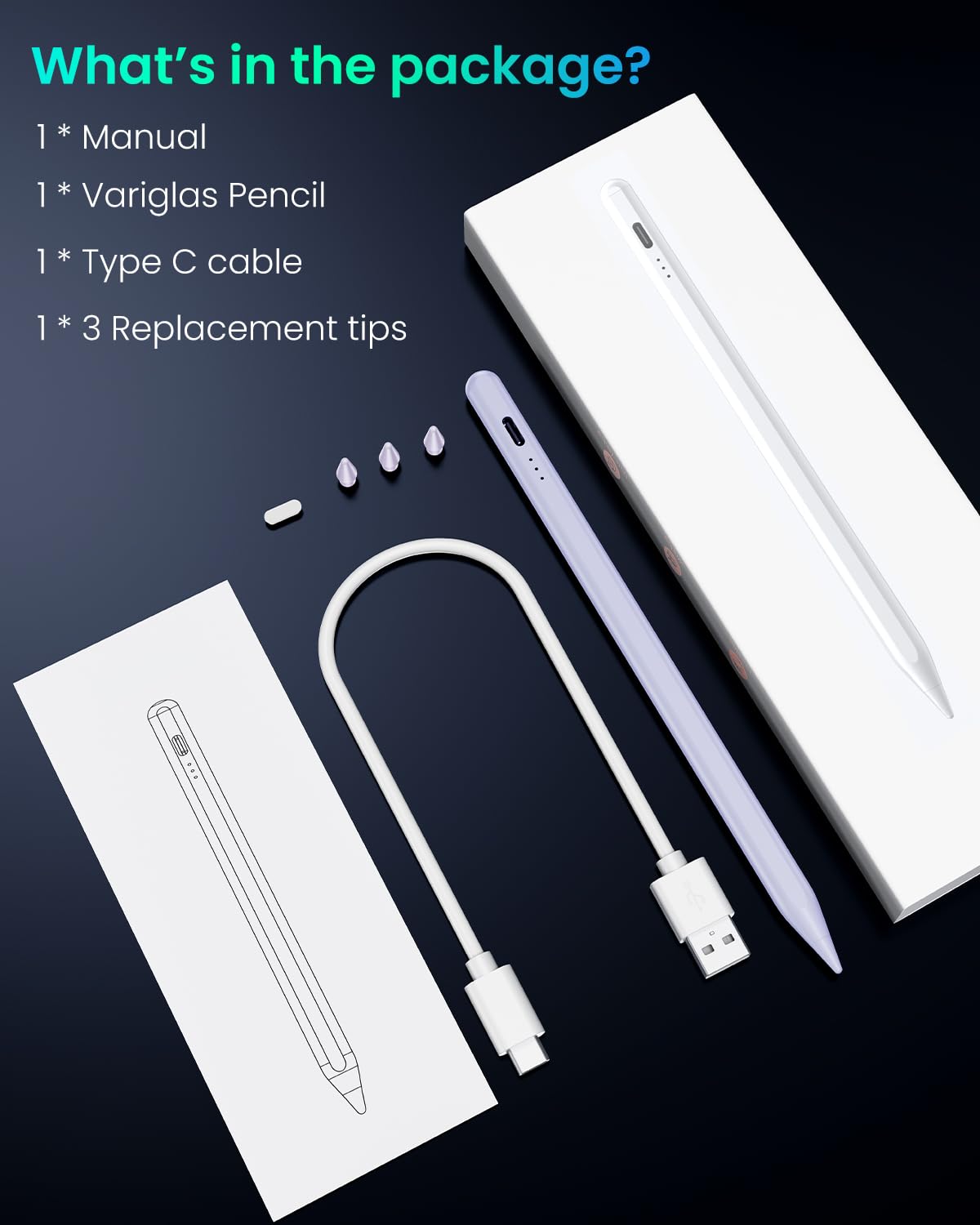 Variglas Pencil for iPad - 2018-2025 15 Minutes Fast Charging, Palm Rejection,Tilt Sensitivity, Stylus Pen Compatible with iPad Pro 11"/12.9"/13", 11/10/9/8/7/6th Gen, Air 3-6, Mini 5/6