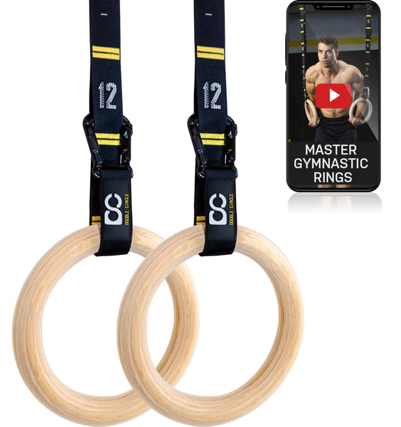 Double Circle Wood Gymnastic Rings with Quick Adjust Numbered Straps and Exercise Videos Guide for Full Body Workout, Calisthenics, and Home Gym