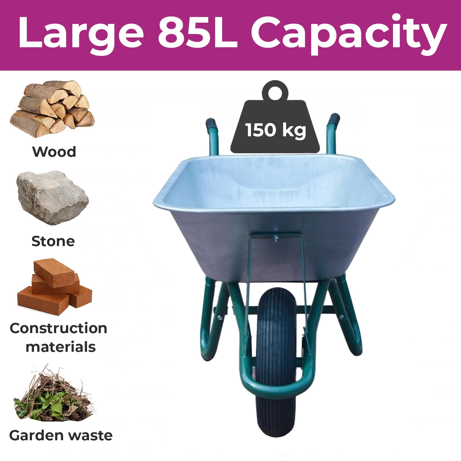 Neo Wheelbarrow Home Garden Cart Galvanised with Pneumatic Tyre (65L), Silver