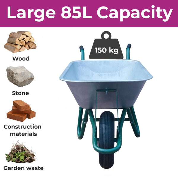 Neo Wheelbarrow Home Garden Cart Galvanised with Pneumatic Tyre (65L), Silver