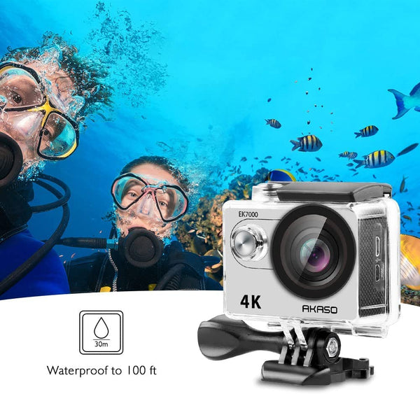 AKASO EK7000 Action Camera Floating Hand Grip Bundle - Includes 4K30FPS EK7000 Underwater Camera, Floating Hand Grip, 2 Batteries, Carrying Case, and Accessory Kits