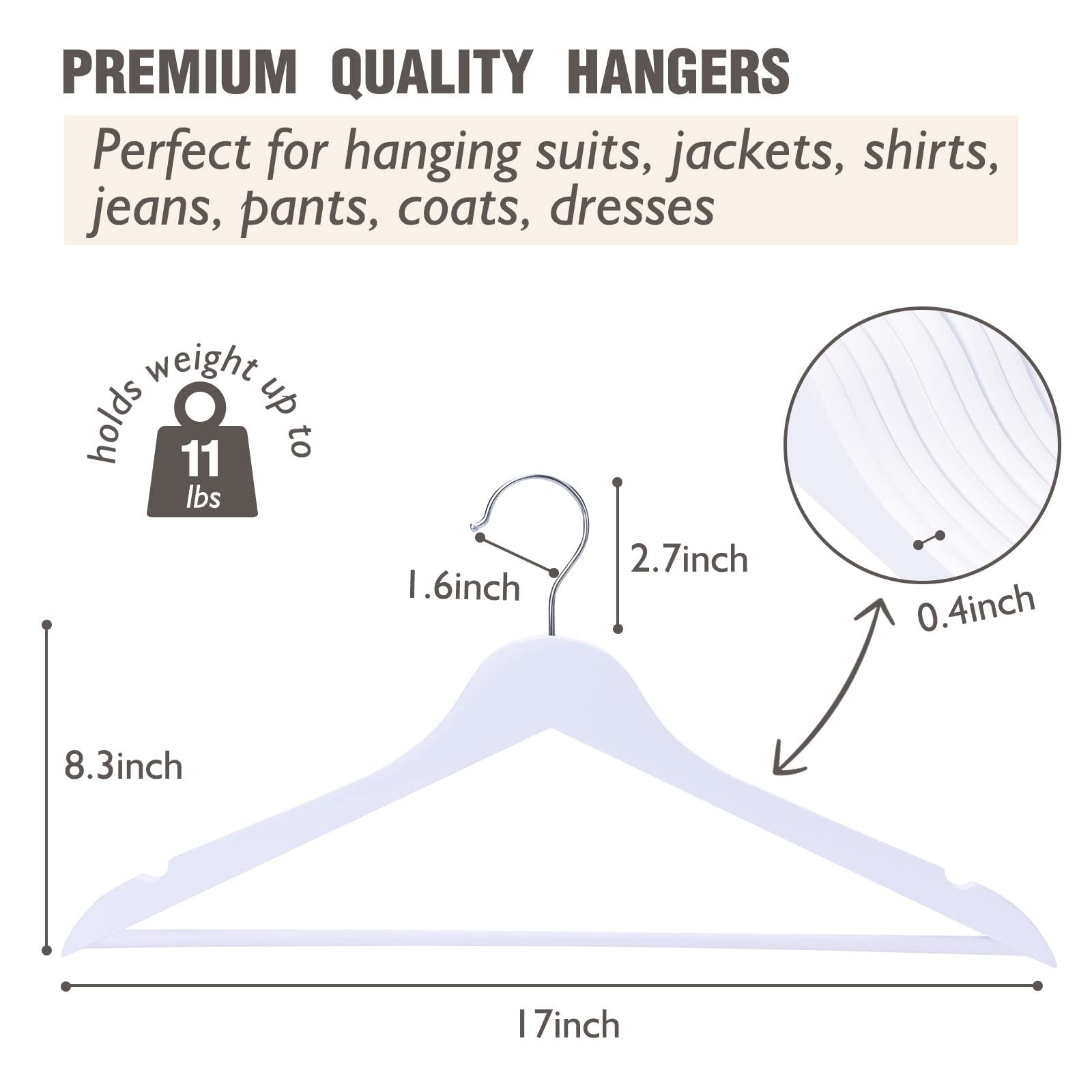 Edergoo White Wooden Hangers 30 Pack, Smooth White Wooden Coat Hangers Adult, 360 Swivel Hook and Precisely Cut Notches White Coat Hangers for Suit,