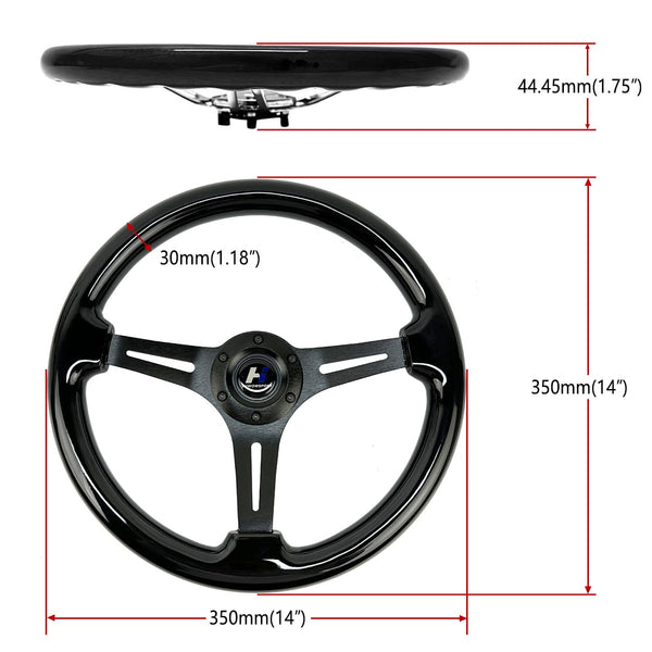 Hiracing 14" Universal Classic Wood Grain Steering Wheel Brushed 3 Spoke 1.5 Depth Steering Wheel with Horn Button 6 bolts (010)