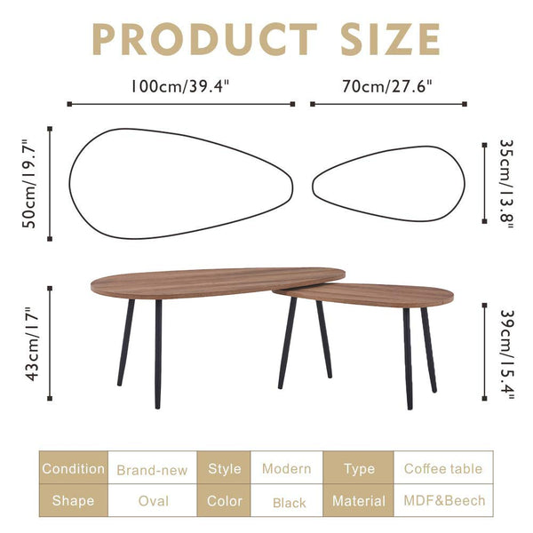 GOLDFAN Triangle Coffee Table Set Nest of 2 Tables Modern Sofa Coffee Side Table Black Metal Table Legs for Living Room, Walnut