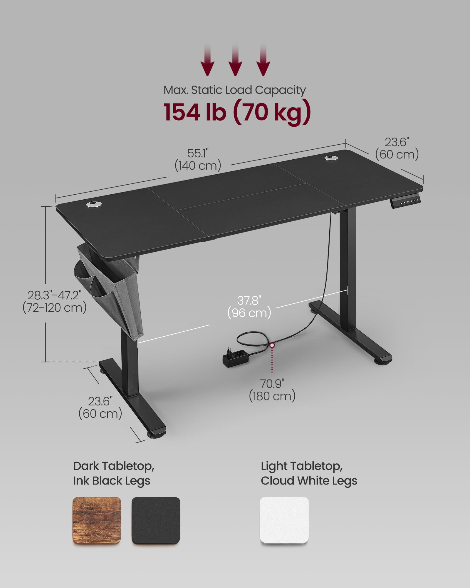 VASAGLE Electric Standing Desk, Height Adjustable Desk, 60 x 140 x (72-120) cm, 4 Memory Heights, Storage Pocket, for Home Office, Study, Rustic Brown and Ink Black LSD134K02
