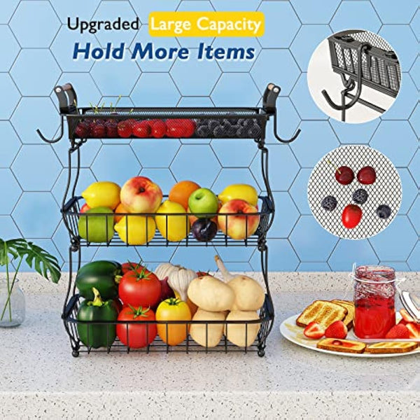 ANTOPY 3 Tier Fruit Basket with 2 Banana Hangers, Countertop Vegetable Bowl Kitchen Counter Metal Mesh Fruits Stand Produce Holder Organizer Onion Potato Bread Snack Veggie, Black