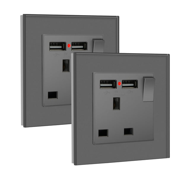 BSEED Double Socket 13A with LED Indicator, Double Switched Wall Socket 2 Gang UK Standard, Electric Switched Plug Power Wall Outlet with Glass Panel, Grey