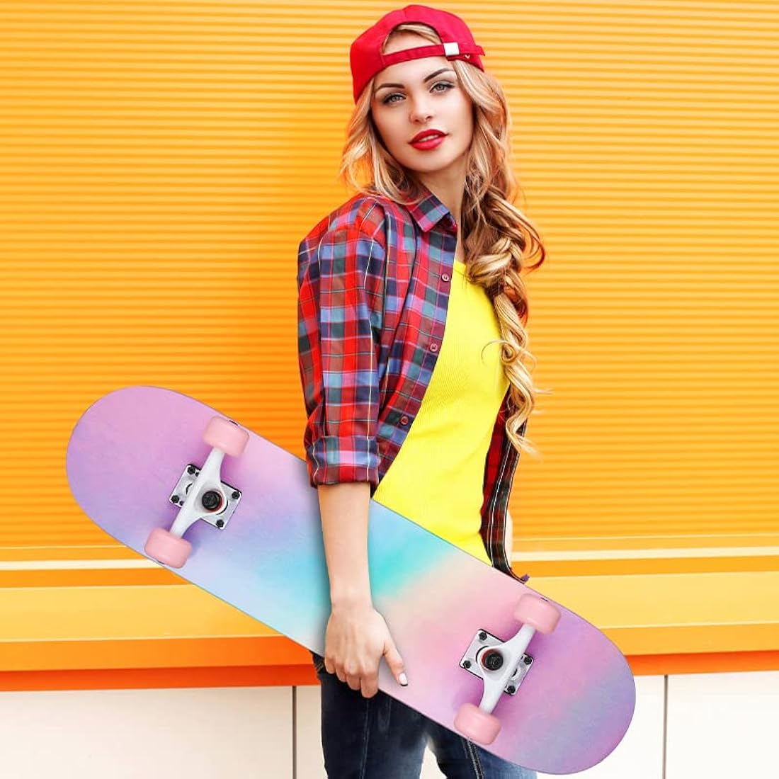 ILAHUI Skateboard for Teenagers, Girls, Adults, Beginners - 7 Layers Maple Wood Deck 80 x 20 cm - Rainbow Powder