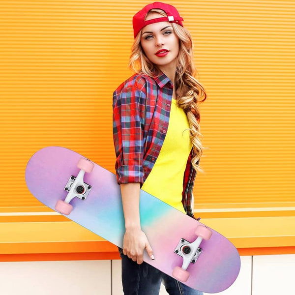 ILAHUI Skateboard for Teenagers, Girls, Adults, Beginners - 7 Layers Maple Wood Deck 80 x 20 cm - Rainbow Powder