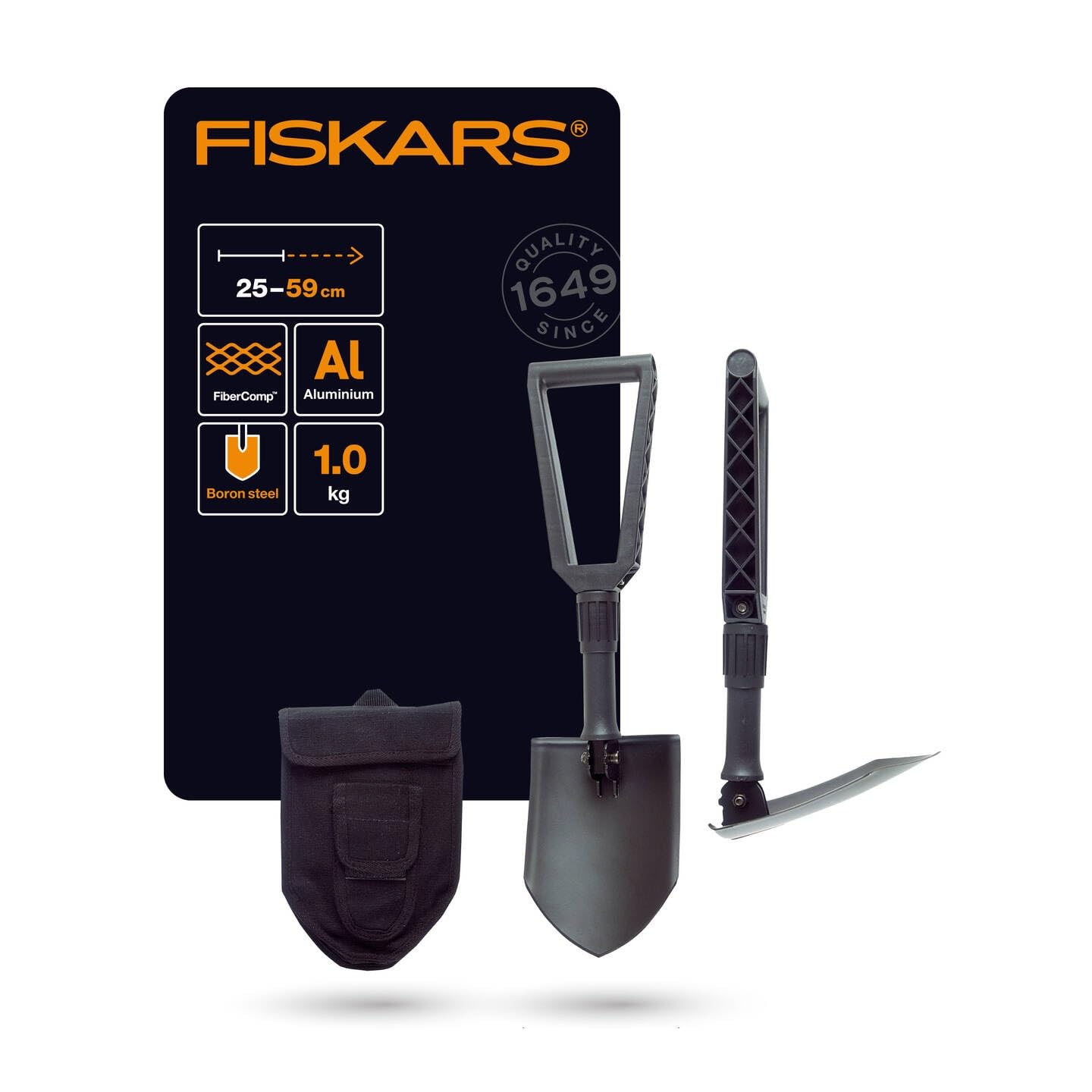 Fiskars Folding Spade for Campers and Mountaineers, Can Also be used as Shovel and Pickaxe, With Canvas Bag, Length (Unfolded): 59 cm, Hardened Boron