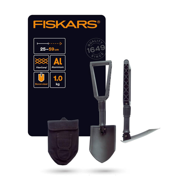 Fiskars Folding Spade for Campers and Mountaineers, Can Also be used as Shovel and Pickaxe, With Canvas Bag, Length (Unfolded): 59 cm, Hardened Boron