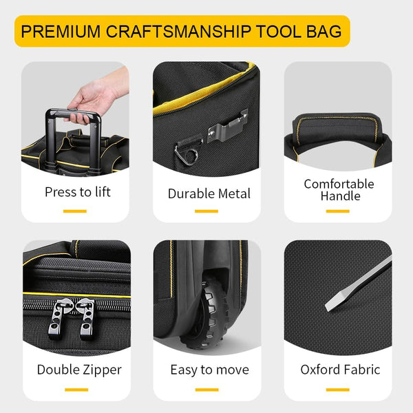 WINNHUNT 46cm Wide Mouth Rolling Tool Bag, 32 Pocket Tool Trolley Bag with Telescopic Handle and 2 Wheels, Black