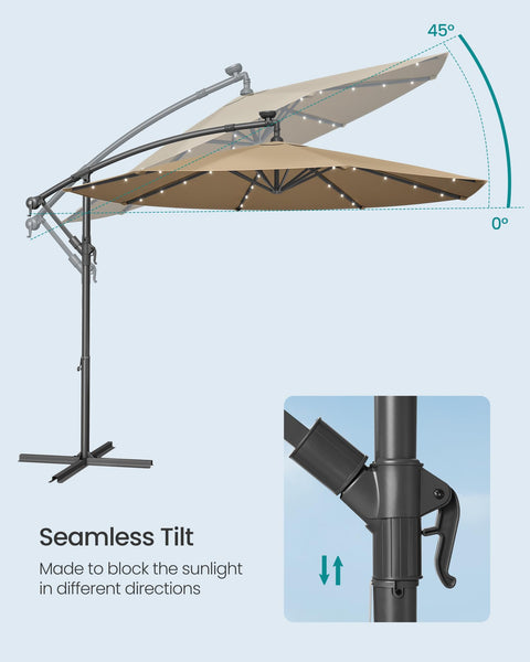SONGMICS Cantilever Garden Parasol with Solar-Powered LED Lights, 3 m Banana Patio Umbrella with Base, Crank for Opening Closing, Sunshade with Protection UPF 50+, Beige GPU118M01