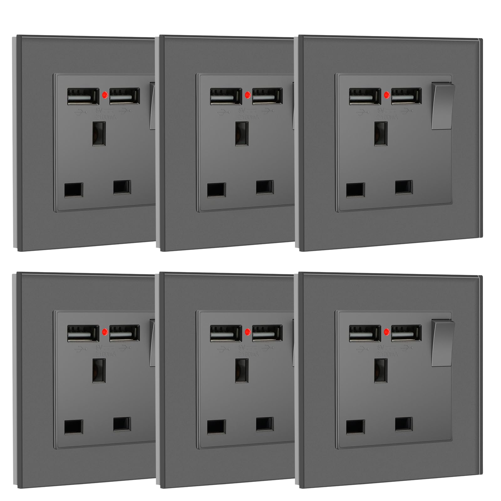 BSEED Double Socket 13A with LED Indicator, Double Switched Wall Socket 2 Gang UK Standard, Electric Switched Plug Power Wall Outlet with Glass Panel, Grey