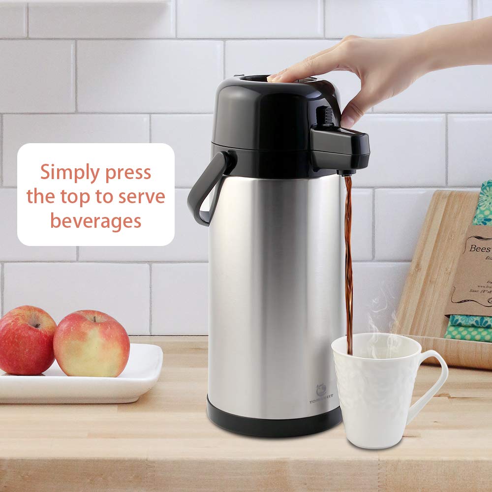Airpot Coffee Carafe - TOMAKEIT Thermal Beverage Dispenser Insulated Pump Action Airpot for Hot/Cold Water (Press Pump)