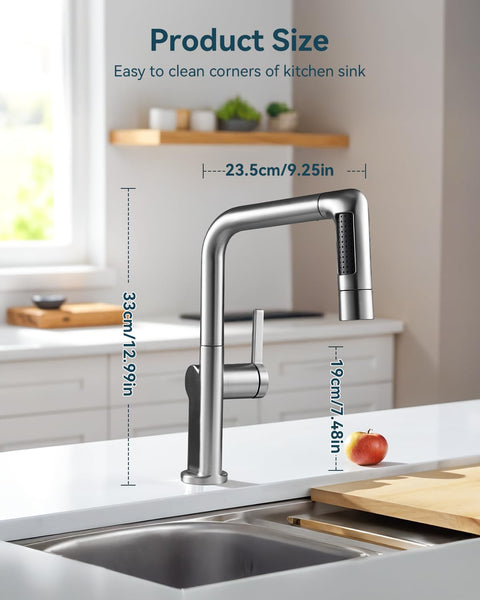 Warmiehomy 5 Modes Kitchen Taps Mixer with Pull Out Spray,High Arc 360° Swivel Dual Spout Pull Down Stainless Steel Kitchen Sink Taps,Brushed Nickel