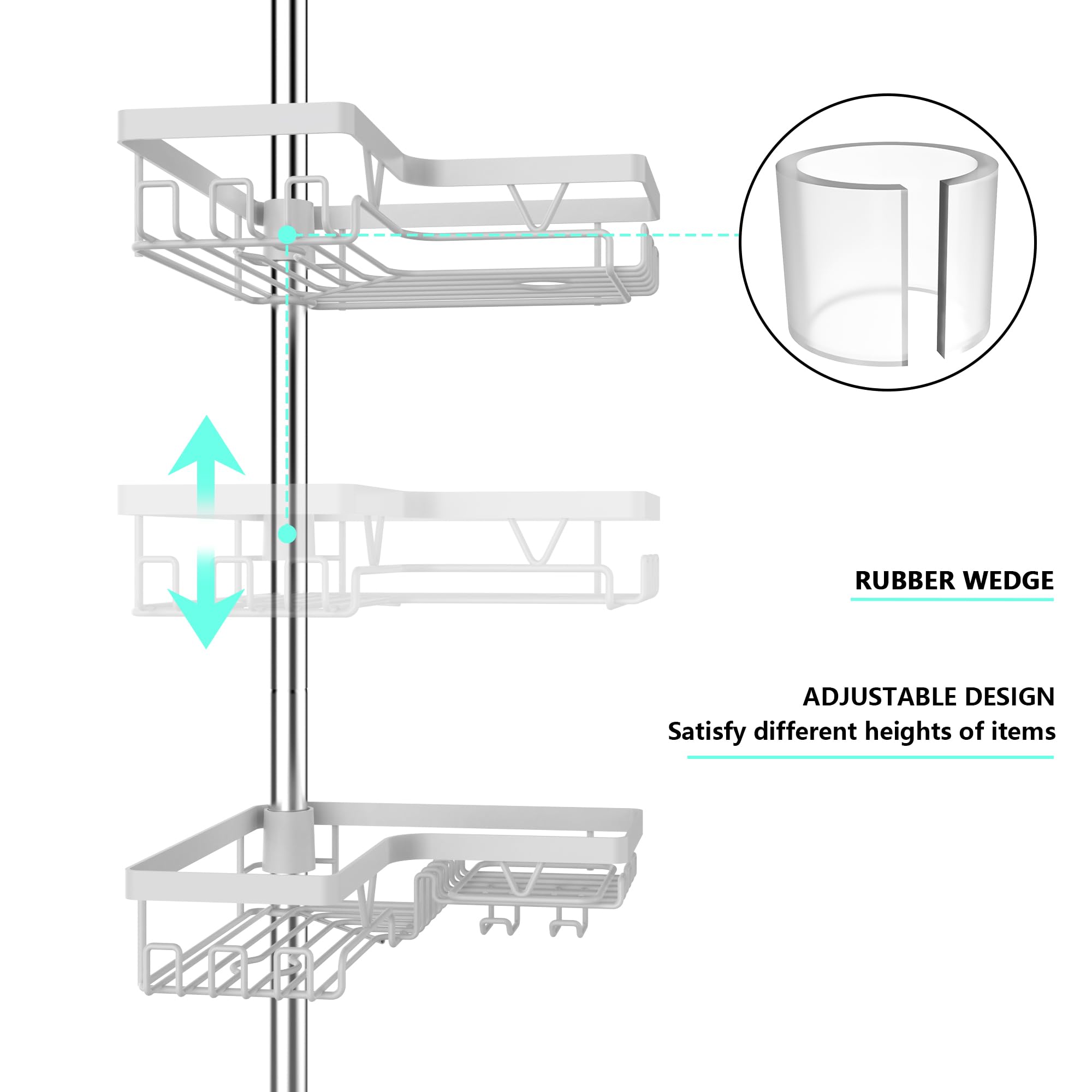 Kegii Telescopic Shower Caddy Corner - Stainless Steel Shower Shelf No Drilling Bathroom Caddy with Soap Holder and Hooks(White), On The Bath or Stand Up Shower