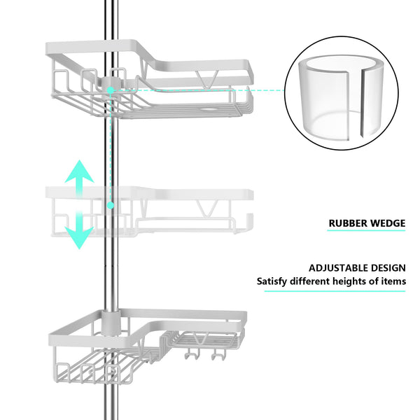 Kegii Telescopic Shower Caddy Corner - Stainless Steel Shower Shelf No Drilling Bathroom Caddy with Soap Holder and Hooks(White), On The Bath or Stand Up Shower